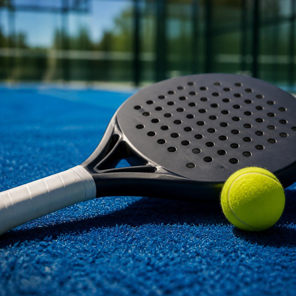 Racchetta e pallina da padel appoggiate al vetro del campo